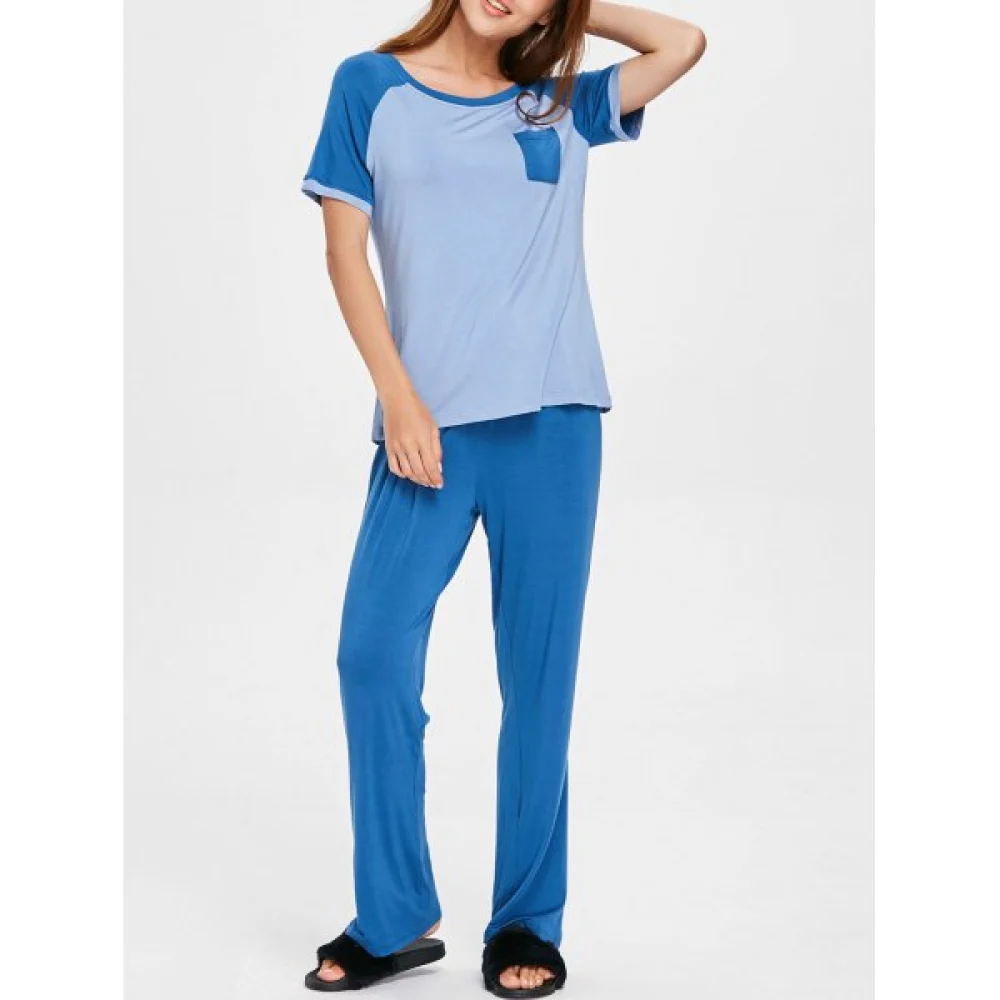 Color Block Pocket Pajamas Set - Blue Gray Fansmadedirect