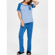 Color Block Pocket Pajamas Set - Blue Gray Fansmadedirect