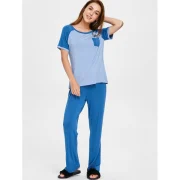 Color Block Pocket Pajamas Set - Blue Gray Fansmadedirect
