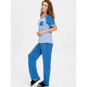 Color Block Pocket Pajamas Set - Blue Gray Fansmadedirect