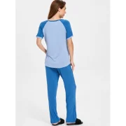 Color Block Pocket Pajamas Set - Blue Gray Fansmadedirect