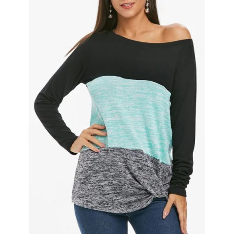Color Block Twist Knit Long leeve Top - Macaw Blue Green Fansmadedirect