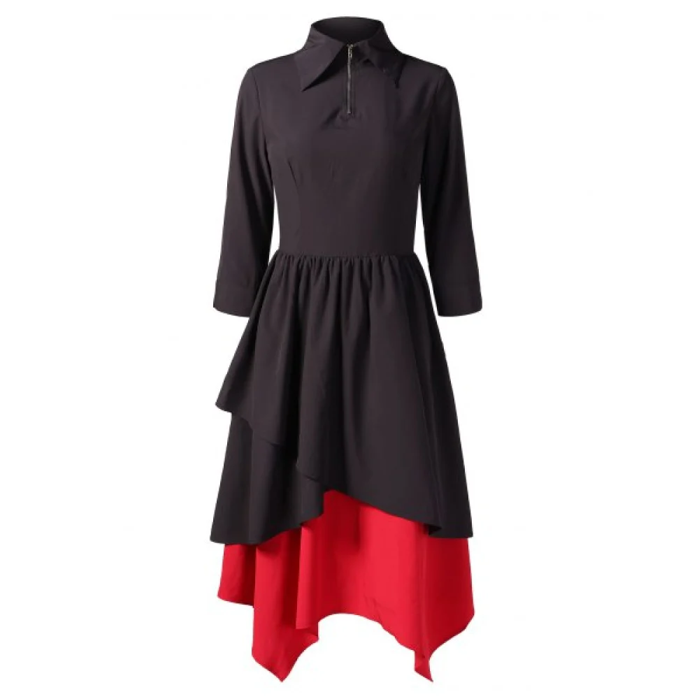 Color Trim Long Dress with Zipper - Black Fansmadedirect