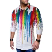 Colorful Painting Splatter Print Hidden Button Shirt - White Fansmadedirect