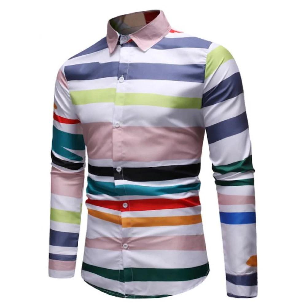 Colorful Striped Print Long Sleeves Shirt - White Fansmadedirect