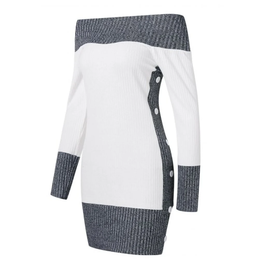 Contrast Color Knitted Dress with Buttons - White Fansmadedirect