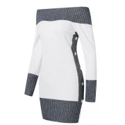 Contrast Color Knitted Dress with Buttons - White Fansmadedirect