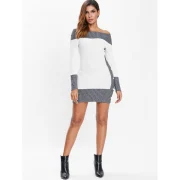 Contrast Color Knitted Dress with Buttons - White Fansmadedirect
