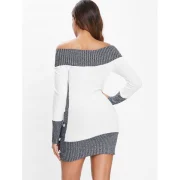 Contrast Color Knitted Dress with Buttons - White Fansmadedirect