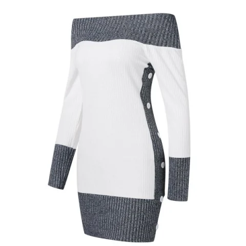Contrast Color Knitted Dress with Buttons - White Fansmadedirect