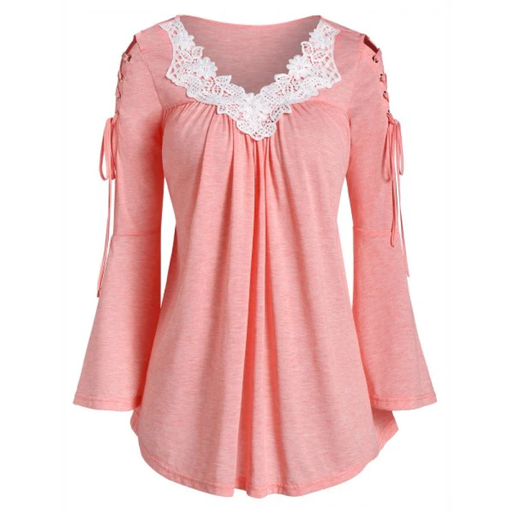 Contrast Lace Lace Up Bell Sleeve T-shirt - Pink Fansmadedirect