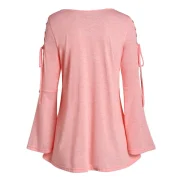 Contrast Lace Lace Up Bell Sleeve T-shirt - Pink Fansmadedirect
