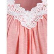 Contrast Lace Lace Up Bell Sleeve T-shirt - Pink Fansmadedirect