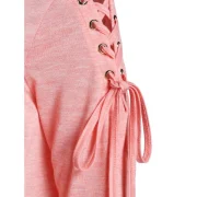 Contrast Lace Lace Up Bell Sleeve T-shirt - Pink Fansmadedirect