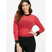 Contrast Trim See Through Mesh Top - Red Fansmadedirect