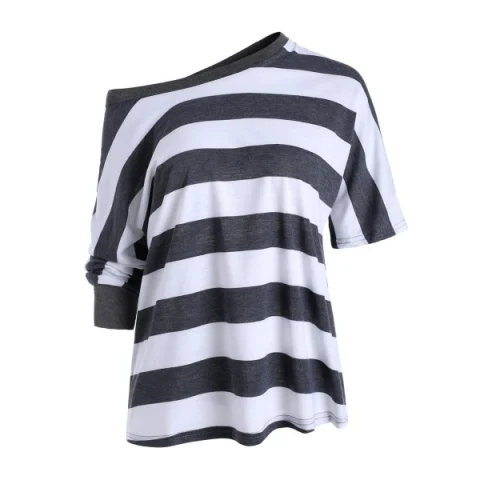 Contrast triped Three Quarter leeves Loose Tee - Gray Fansmadedirect