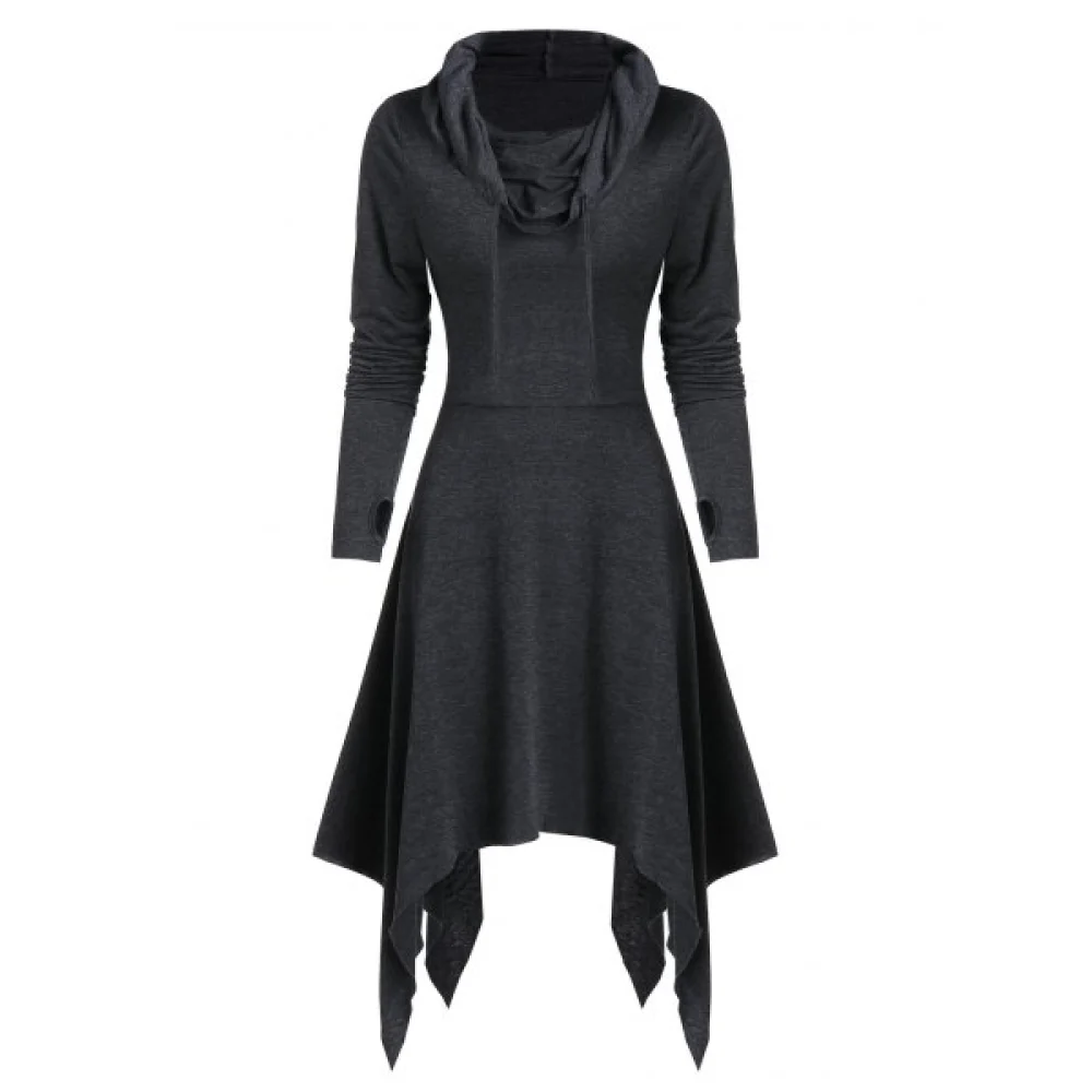 Convertible Hooded Glove Sleeve Heathered Handkerchief Dress - Dark Gray Fansmadedirect