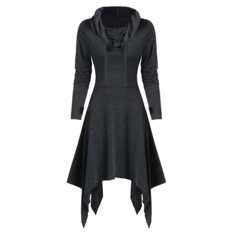 Convertible Hooded Glove Sleeve Heathered Handkerchief Dress - Dark Gray Fansmadedirect