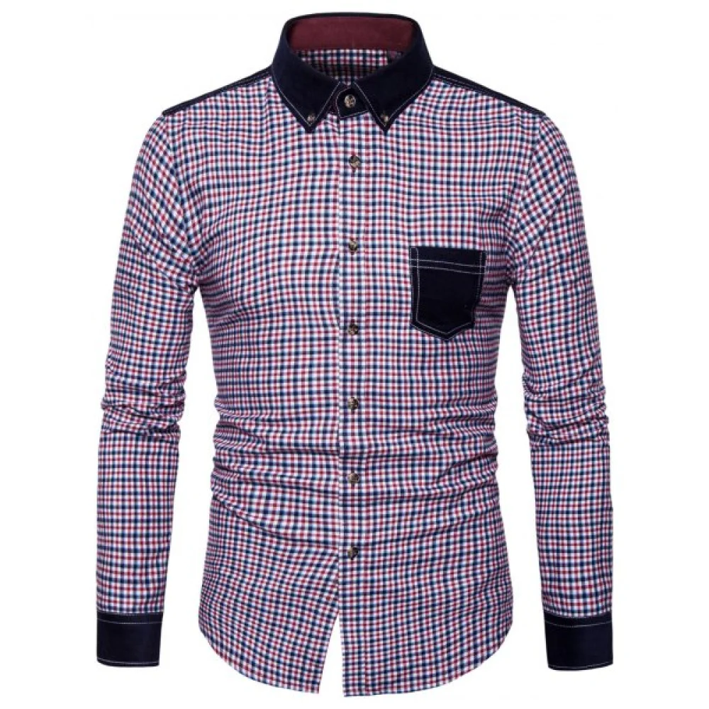 Corduroy Panel Long Sleeve Plaid Button Down Shirt - Fansmadedirect