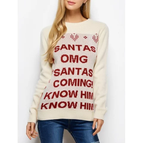 Crew Neck Letter Christmas Sweater - Palomino Fansmadedirect