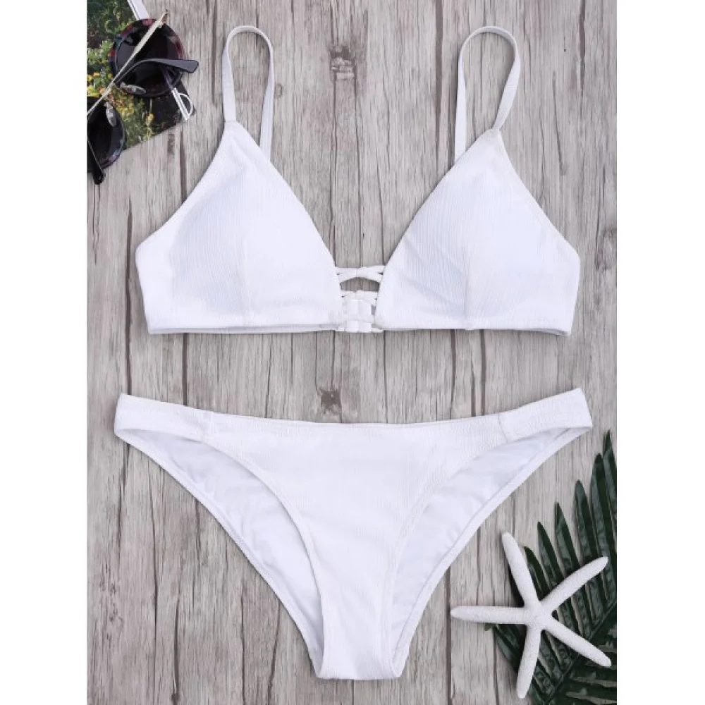Criss Cross Spaghetti Strap Texture Bikini Set - White Fansmadedirect