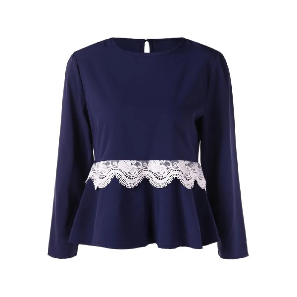 Crochet Insert Keyhole Back Blouse - Deep Blue Fansmadedirect