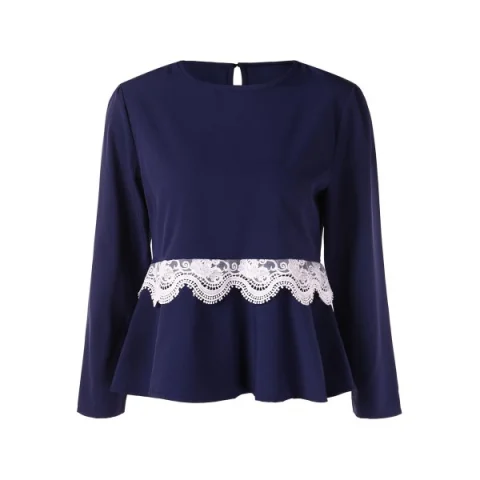 Crochet Insert Keyhole Back Blouse - Deep Blue Fansmadedirect