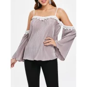 Crochet Trim Cut Out Shoulder Plicated Blouse - Wisteria Purple Fansmadedirect
