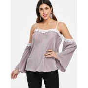 Crochet Trim Cut Out Shoulder Plicated Blouse - Wisteria Purple Fansmadedirect