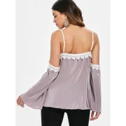 Crochet Trim Cut Out Shoulder Plicated Blouse - Wisteria Purple Fansmadedirect