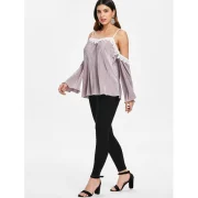 Crochet Trim Cut Out Shoulder Plicated Blouse - Wisteria Purple Fansmadedirect