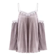 Crochet Trim Cut Out Shoulder Plicated Blouse - Wisteria Purple Fansmadedirect