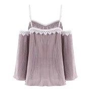 Crochet Trim Cut Out Shoulder Plicated Blouse - Wisteria Purple Fansmadedirect