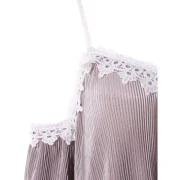 Crochet Trim Cut Out Shoulder Plicated Blouse - Wisteria Purple Fansmadedirect