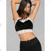 Cropped ace Trimmed Velvet Tank Top - Black Fansmadedirect