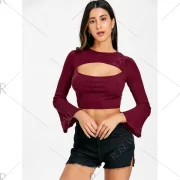Cropped Flare Sleeve Cut Out Rib Top - Wine Red Fansmadedirect
