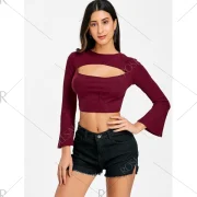 Cropped Flare Sleeve Cut Out Rib Top - Wine Red Fansmadedirect