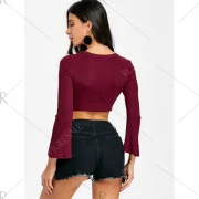 Cropped Flare Sleeve Cut Out Rib Top - Wine Red Fansmadedirect