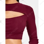 Cropped Flare Sleeve Cut Out Rib Top - Wine Red Fansmadedirect
