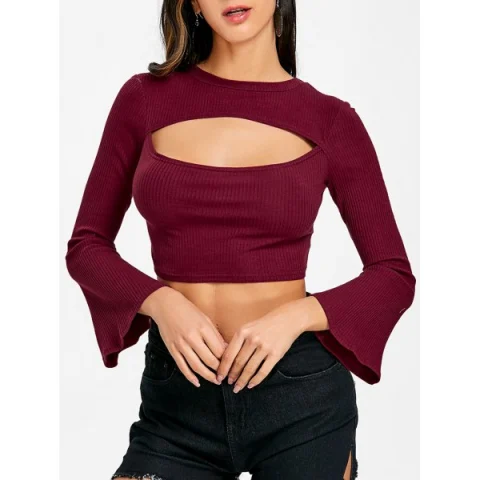 Cropped Flare Sleeve Cut Out Rib Top - Wine Red Fansmadedirect