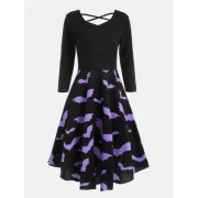 Cross Back Bat Print Fit and Flare Dress - Black Fansmadedirect