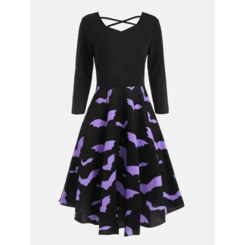 Cross Back Bat Print Fit and Flare Dress - Black Fansmadedirect