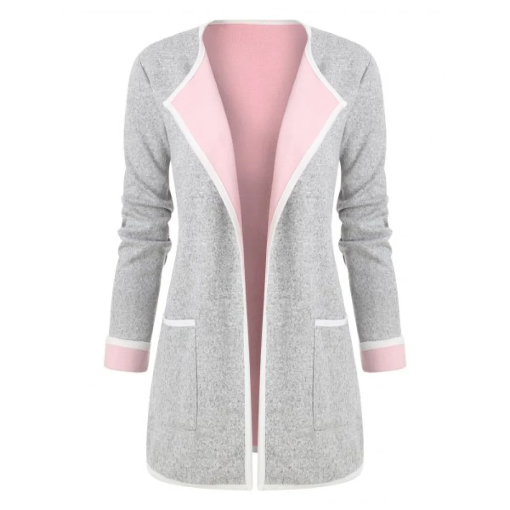 Cuffed Sleeves Heathered Pokcets Cardigan - Pink Fansmadedirect