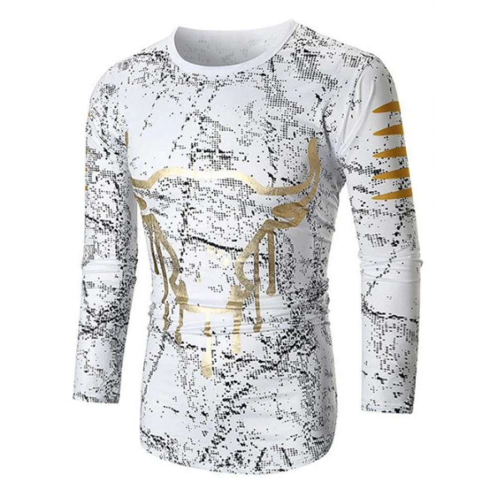 Curved Hem Ink Dots Background Abstract Cow Head Print T-shirt - White Fansmadedirect