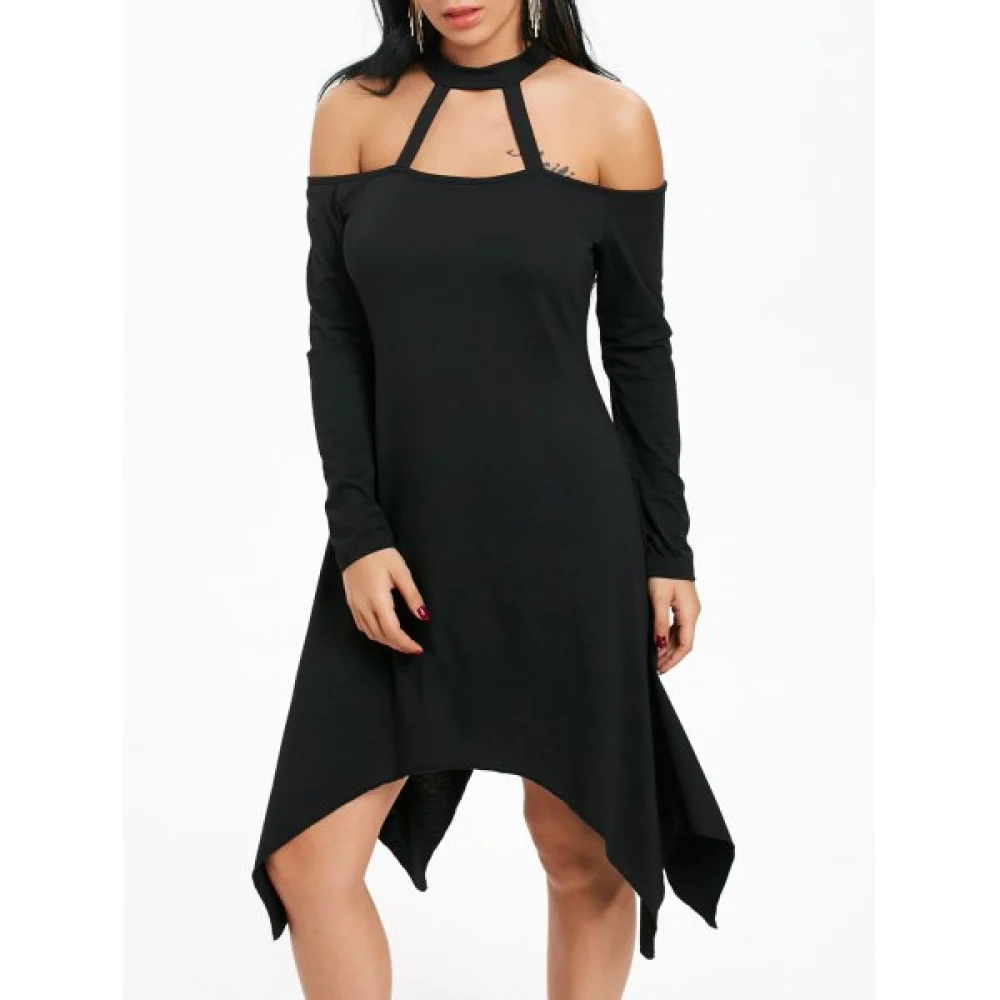 Cut Out Asymmetrical Long leeve Handkerchief Dress - Black Fansmadedirect