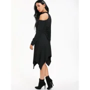 Cut Out Asymmetrical Long leeve Handkerchief Dress - Black Fansmadedirect