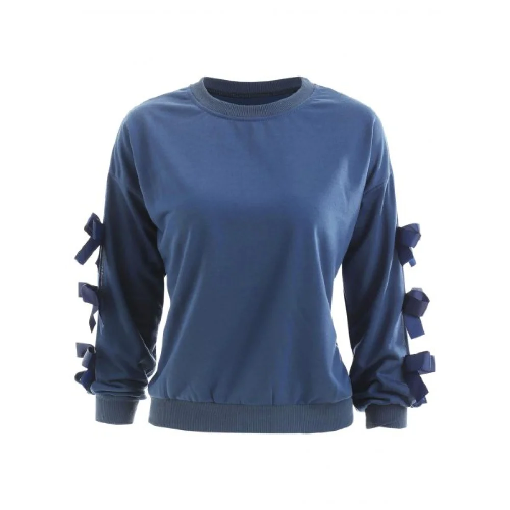 Cut Out Bowknot Sleeve Sweatshirt - Peacock Blue Fansmadedirect