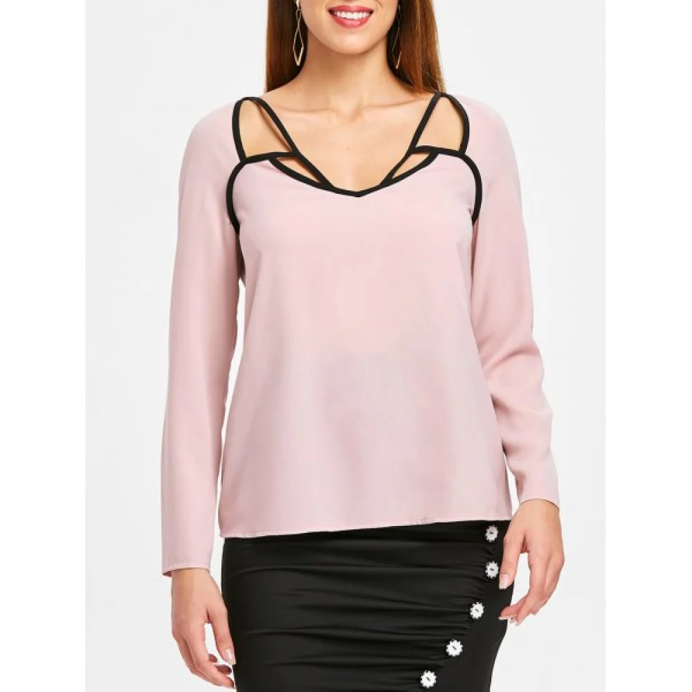 Cut Out Contrasting Blouse - Light Pink Fansmadedirect