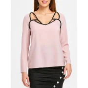 Cut Out Contrasting Blouse - Light Pink Fansmadedirect