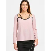 Cut Out Contrasting Blouse - Light Pink Fansmadedirect